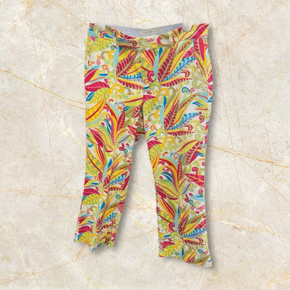Tommy Hilfiger Stretch Colorful Leaf Print Capri Pants Size 8 Boho Tropical